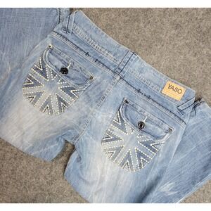 YASO Jeans Womens 3/4 Light Wash Embroidered Western Distressed Stretch Y2K